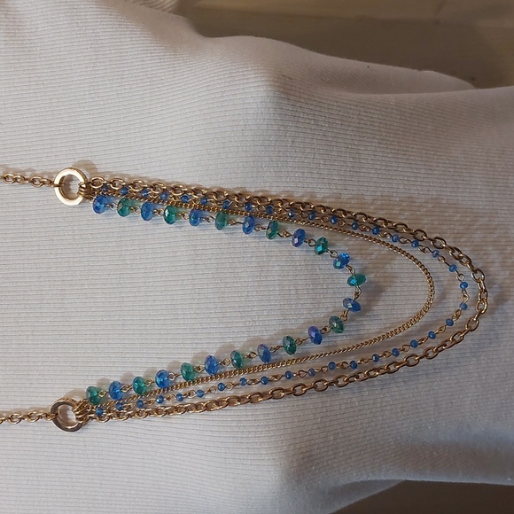 Jewelry - Blue Dichroic Glass Beads and Gold Tone Chains Multilayered Chic Necklace